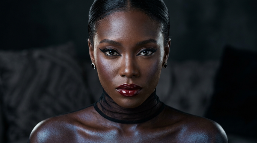 Un suggestivo primo piano di una donna dalla pelle scura, con rossetto scuro e lucido, eyeliner alato e un top nero trasparente a collo alto, in posa contro uno sfondo scuro e suggestivo.