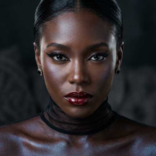 Un suggestivo primo piano di una donna dalla pelle scura, con rossetto scuro e lucido, eyeliner alato e un top nero trasparente a collo alto, in posa contro uno sfondo scuro e suggestivo.