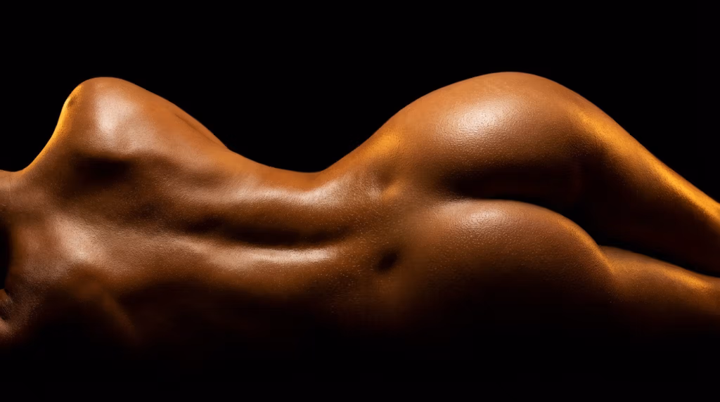 Fotografía artística de estudio en primer plano que resalta las curvas de la anatomía femenina. La modelo aparece de perfil, destacando la espalda, la cintura y las caderas sobre un fondo negro. La iluminación, cálida y dramática, crea un halo luminoso que acentúa la textura de la piel y los contornos musculares. No lleva maquillaje, ya que el foco está puesto en la forma natural. La figura está desnuda, enfatizando una estética minimalista y elegante, sin prendas de vestir.