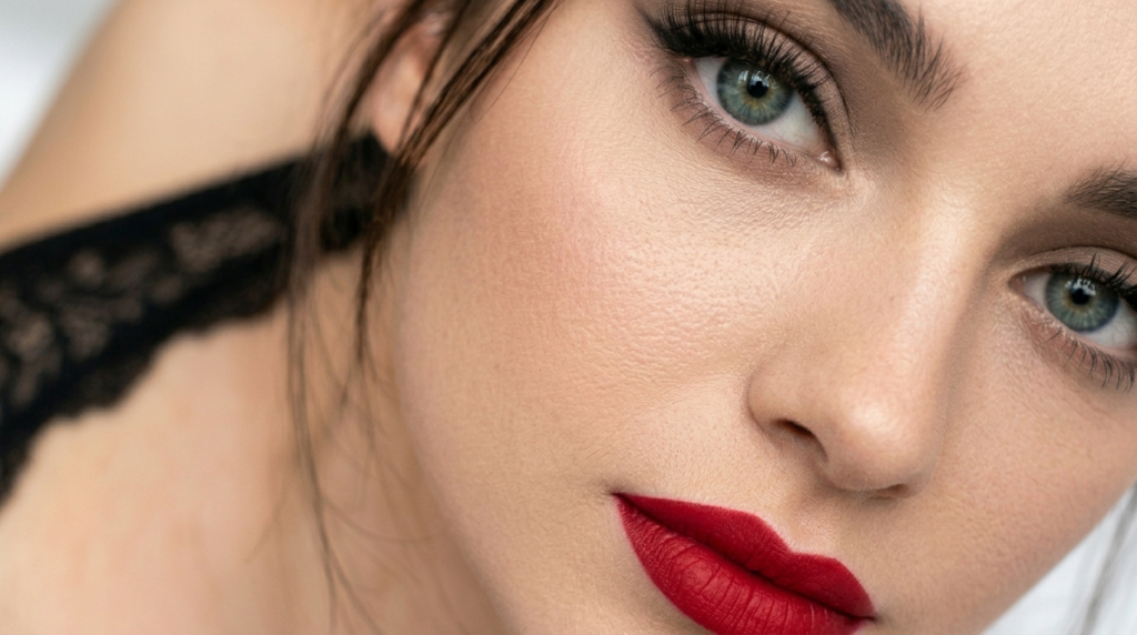 Retrato de cerca de una mujer con ojos verdes y un llamativo lápiz labial rojo.