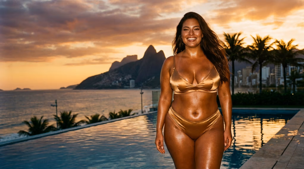 Une femme souriante, vêtue d'un bikini doré, se tient au bord d'une piscine à débordement avec vue sur le coucher du soleil et les montagnes en arrière-plan.