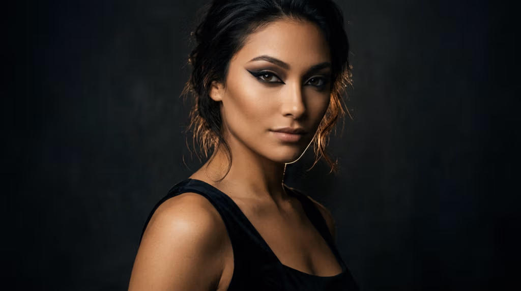 Portret van een jonge vrouw met elegante make-up en donker haar tegen een donkere achtergrond.