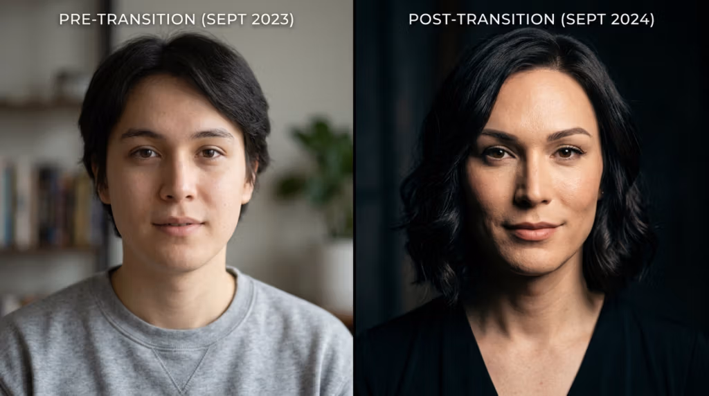 A high-resolution, split-screen side-by-side comparison titled 'Pre-Transition' and 'Post-Transition'. The left image features an individual in natural, soft indoor lighting with a shallow depth of field, focused on a casual, everyday aesthetic. The right image presents a sophisticated, hyper-realistic studio portrait captured with an 85mm lens, showcasing dramatic chiaroscuro lighting that emphasizes sculpted facial features. The lighting design uses a sharp side-angle to create depth and contour, highlighting skin texture and a natural glow. The subject exhibits a confident, refined demeanor with elegant hair and minimalist attire against a dark, moody background, reflecting a transition to a high-end editorial style. The overall image quality is 8k, characterized by precise focus, balanced contrast, and a professional, cinematic atmosphere.