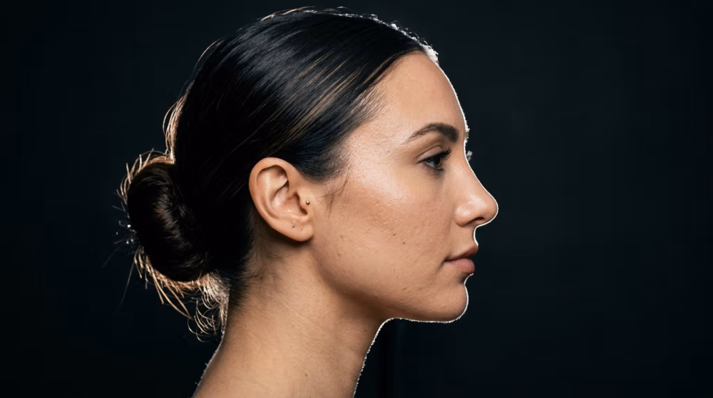 A hyper-realistic 8K editorial portrait captured with an 85mm prime lens, showcasing a sharp profile shot of a woman with a clean, pulled-back hairstyle. The lighting is masterfully executed with a crisp, hard-light rim effect that defines her facial contours and hair texture against a stark, minimalist black background. The skin texture is rendered in exquisite detail, showing natural luminescence and subtle pores, while a faint moisture adds a touch of freshness. The subject's posture is elegant and composed, emphasizing a sharp jawline and refined features. The overall atmosphere is sophisticated and high-fashion, with a focus on precision, texture, and dramatic contrast.