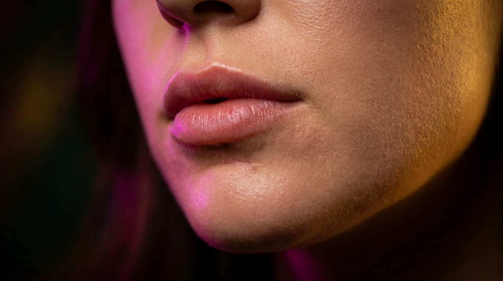 85 mm prime lens kullanılarak sığ alan derinliği elde edilen, bir kadının alt yüzüne odaklanan hiper gerçekçi, 8K yakın çekim makro fotoğraf. Aydınlatma, çift tonlu bir paletle ustaca düzenlenmiştir: sol çeneyi çevreleyen canlı, elektrikli macenta bir kenar ışığı, sağ yanağı ve çeneyi aydınlatan sıcak, altın-kehribar dolgu ışığıyla kontrast oluşturur. Cilt dokusu, mikro gözenekleri, ince tüyleri ve doğal ışıltıyı ortaya çıkararak dermisin organik gerçekliğini vurgulayan klinik bir hassasiyetle işlenmiştir. Dudaklar yumuşak ve belirgindir, nemlendirici, doğal bir bitişi çağrıştıran ince vurgular yakalar. Arka plan, derin, kasvetli bir gölgeye gömülerek, özneyi izole eden ve izleyicinin dikkatini çene hattının ve ağzın karmaşık anatomik detaylarına odaklayan yüksek kontrastlı, noir esintili bir atmosfer yaratır.