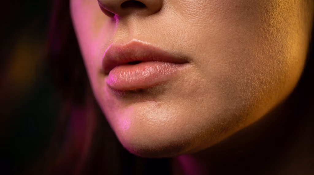 A hyper-realistic, 8k close-up macro shot focusing on the lower face of a woman, captured with an 85mm prime lens to achieve shallow depth of field. The lighting is masterfully orchestrated with a dual-tone palette: a vivid, electric magenta rim light tracing the left side of the jaw, contrasted by a warm, golden-amber fill light illuminating the right cheek and chin. The skin texture is rendered with clinical precision, revealing micro-pores, peach fuzz, and subtle natural luminescence, emphasizing the organic reality of the dermis. The lips are soft and defined, catching subtle highlights that suggest a hydrating, natural finish. The background is plunged into deep, moody shadow, creating a high-contrast, noir-inspired atmosphere that isolates the subject and focuses the viewer's attention on the intricate anatomical details of the jawline and mouth.
