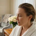 A hyper-realistic, 8k editorial portrait captured with a 50mm f/1.4 prime lens, focusing on a woman in profile. The shot features soft, natural light streaming from a side window, creating a serene and luminescent glow on her complexion. The subject exhibits a composed, contemplative expression with natural skin texture visible. She is dressed in a plush, white waffle-knit robe that adds a tactile sense of luxury. The background is a tastefully curated, high-end interior, featuring a soft-focus armchair and a vase of cream roses, contributing to an elegant and tranquil atmosphere. The focus is razor-sharp on the subject's profile, with a shallow depth of field that beautifully blurs the background.