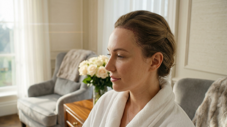 Гиперреалистичный 8K-портрет, снятый с помощью объектива 50mm f/1.4, с фокусировкой на женщине в профиль. На снимке мягкий естественный свет, льющийся из бокового окна, создает безмятежное и сияющее свечение на ее лице. У модели спокойное, задумчивое выражение лица, видна естественная текстура кожи. Она одета в плюшевый белый халат из вафельной вязки, который добавляет ощущение роскоши. Фон – изысканно оформленный высококлассный интерьер с креслом с мягким фокусом и вазой кремовых роз, создающими элегантную и спокойную атмосферу. Фокус на профиле модели предельно резкий, а малая глубина резкости красиво размывает фон.