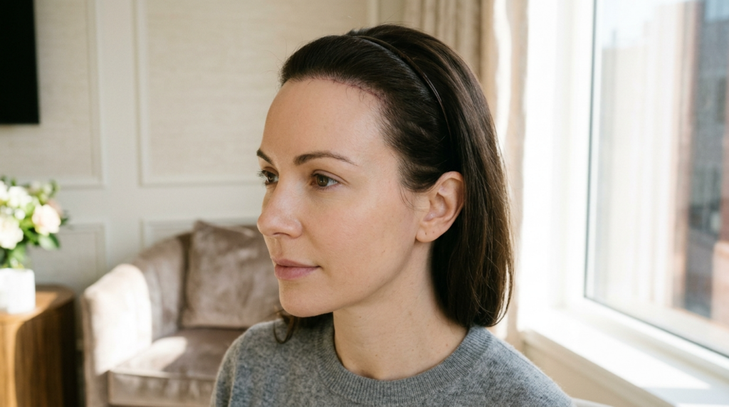 Een hyperrealistisch, professioneel 8K-portret van een vrouw, vastgelegd met een 85mm prime-lens, met de nadruk op precisie en scherpte. Het onderwerp bevindt zich in een zachte, natuurlijke omgeving met zijlicht, waar diffuus licht van een groot raam zorgt voor een subtiele, flatterende belichting van haar gelaatstrekken, waardoor de natuurlijke textuur en subtiele glans van haar huid worden benadrukt. De compositie legt de nadruk op haar verfijnde profiel, dat een kalme en serene uitdrukking uitstraalt. Ze draagt een hoogwaardige, fijn gebreide grijze wollen trui, die een tactiel en verfijnd contrast biedt. De achtergrond is een minimalistisch, zacht vervaagd interieur dat een rustige, luxueuze omgeving suggereert, met neutrale tinten en subtiele architectonische details die de aandacht volledig vestigen op de evenwichtige en verfijnde uitstraling van het onderwerp.