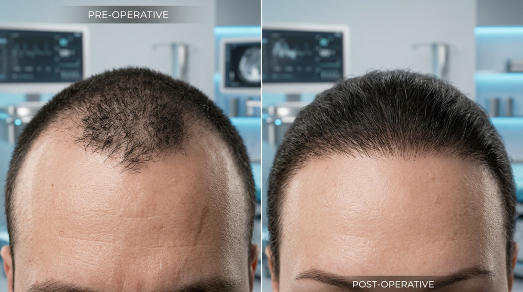 Een klinische vergelijkingsfoto, weergegeven in 8K hyperrealistische helderheid, waarschijnlijk gemaakt met een 100mm macrolens om de details van de haarzakjes te benadrukken. De belichting is steriel en medisch, met behulp van softbox-studioverlichting die harde schaduwen elimineert en zorgt voor een helder, gelijkmatig licht over het voorhoofd en de hoofdhuid om de herstelde haardichtheid te accentueren. De focus ligt op het mannelijke voorhoofd en de kruin, waarbij een dramatische transformatie te zien is van aanzienlijk dunner wordend haar en een terugtrekkende haarlijn naar een dichte, natuurlijk ogende haargroei na de operatie. De huidtextuur is met klinische precisie weergegeven, met een natuurlijke poriënstructuur en subtiele huidtintvariaties zonder overmatige glans. De compositie is een strak, gesplitst medisch portret tegen een wazige, onscherpe achtergrond van een chirurgische kliniek met zachte blauwe LED-accenten, wat de professionele en steriele uitstraling versterkt.