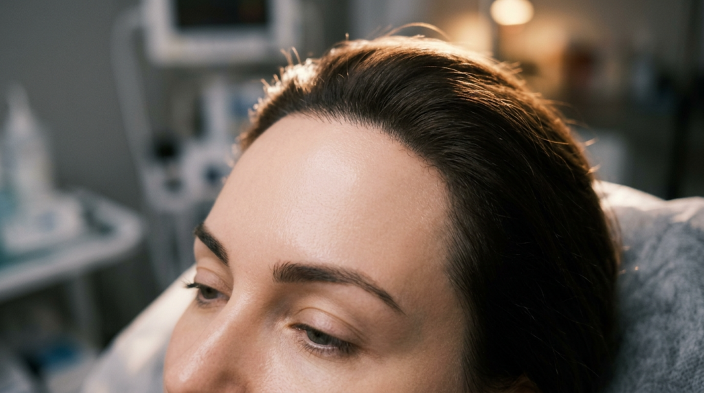 Een hoogwaardige, hyperrealistische 8K close-up, gemaakt met een 85mm macro-objectief om de fijne texturen te benadrukken. De belichting is meesterlijk gecreëerd met een zacht, maar gericht zijlicht, waardoor een subtiele gloed over het voorhoofd van het onderwerp valt en de natuurlijke contouren van haar wenkbrauwen en slapen worden geaccentueerd. Het onderwerp, een vrouw met verfijnde, jeugdige gelaatstrekken, is afgebeeld in een kalme, ontspannen houding, waarschijnlijk in een medische of klinische omgeving. De huidtextuur is met oog voor detail weergegeven, met natuurlijke poriën en een subtiele, gehydrateerde glans die het licht prachtig weerkaatst en er zowel gezond als stralend uitziet. Haar donkere haar is naar achteren gekamd, wat bijdraagt aan de strakke, gepolijste compositie. De achtergrond is zacht onscherp met een klinische, moderne ambiance, met gedempte tinten en wazige diagnostische apparatuur, wat de professionele en verfijnde sfeer versterkt. De algehele esthetiek is die van een strakke, uiterst precieze dermatologische of cosmetische portretfotografie.