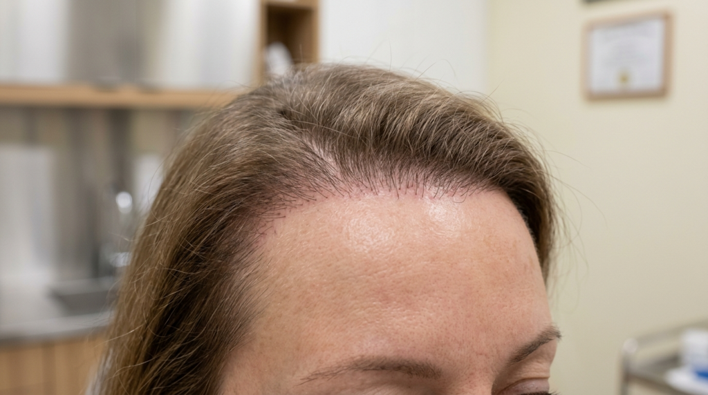Een professionele, klinische close-upfoto met hoge resolutie van de haarlijn van een vrouwelijke patiënt na een haartransplantatie. De foto is gemaakt met een 85mm macrolens en biedt hyperrealistische details in 8K, waarbij de precieze plaatsing van individuele haarzakjes op de hoofdhuid zichtbaar is. De zachte, diffuse klinische verlichting minimaliseert harde schaduwen en verlicht gelijkmatig de natuurlijke textuur van de huid en de subtiele, gezonde gloed van de dermis. De compositie is strak uitgesneden om de architectonische reconstructie van de haarlijn te benadrukken tegen een zacht vervaagde, neutraal getinte achtergrond van een medische praktijk, wat het nauwgezette karakter van de esthetische medische ingreep onderstreept.