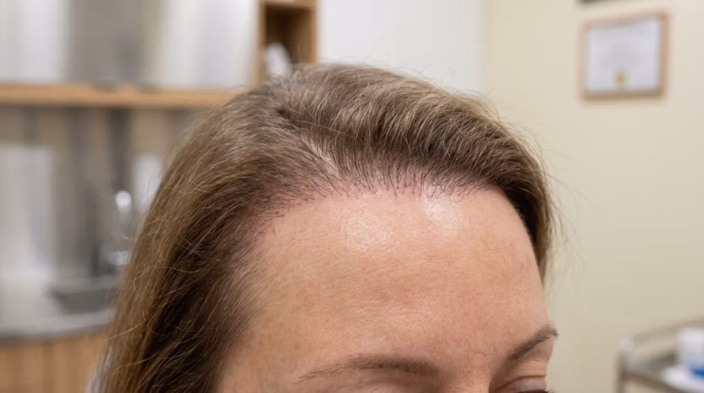صورة سريرية احترافية عالية الدقة، تُظهر خط شعر مريضة بعد عملية زراعة شعر. التُقطت الصورة بعدسة ماكرو 85 مم، وتُقدم تفاصيل فائقة الواقعية بدقة 8K، مُبرزةً التوزيع الدقيق لبصيلات الشعر على فروة الرأس. يُقلل الإضاءة السريرية الناعمة والمنتشرة من حدة الظلال، مُضيئةً بشكل متساوٍ ملمس الجلد الطبيعي والتوهج الصحي الرقيق للأدمة. تم اقتصاص الصورة بدقة لإبراز إعادة بناء خط الشعر على خلفية عيادة طبية ضبابية ناعمة ذات ألوان محايدة، مُؤكدةً على دقة التدخل الطبي التجميلي.