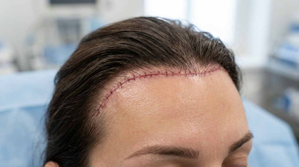 Een hyperrealistische, klinische 8K-macrofoto, gefocust op de haargrens van een patiënt na een chirurgische ingreep. De foto, gemaakt met een 85mm-macrolens, toont uitzonderlijke details in de huidtextuur, waarbij subtiele poriën en een natuurlijke glans zichtbaar zijn onder heldere, diffuse medische verlichting die harde schaduwen elimineert voor maximale helderheid. Het onderwerp, een vrouw met donkerbruin haar, toont een strakke, precieze chirurgische incisielijn op het voorhoofd, netjes gehecht met fijn draad. De huid oogt schoon en behandeld, met een matte, gezonde finish. De compositie is een strakke, professionele close-up, gecentreerd op de operatieplek, tegen een zacht gefocuste, steriele blauwe klinische achtergrond die een professionele, medische uitstraling creëert.