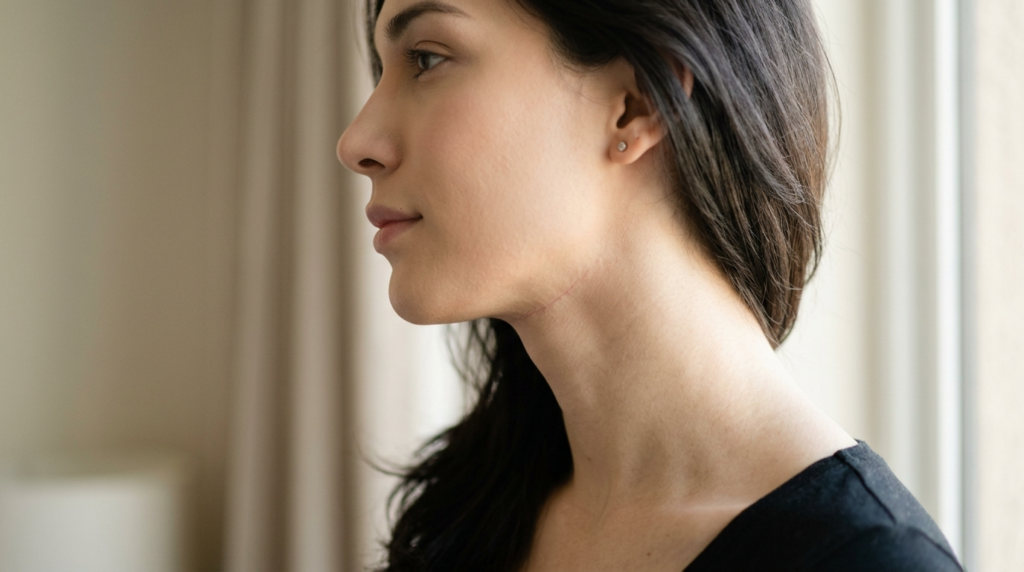 85 mm portre objektifiyle çekilmiş, yüksek çözünürlüklü, hiper gerçekçi bir editoryal portre; genç bir kadının yakın plan profil fotoğrafını içeriyor. Kompozisyon, yüz hatlarını ve pürüzsüz cilt dokusunu nazikçe aydınlatan yumuşak, doğal yan ışık kullanıyor ve boynundaki ameliyat sonrası yara izini klinik bir hassasiyetle vurguluyor. İfadesi sakin ve düşünceli, kameradan uzağa bakıyor. Odak noktası çene hattı ve boynunda keskin, doğal anatomisini vurgularken, arka plan yumuşak, odak dışı, nötr bir iç mekan ortamı olarak kalıyor ve temiz, profesyonel ve sakin bir estetik yaratıyor. Basit, koyu renkli mat bir kumaş giysi giyiyor, bu da parlak, yumuşak odaklı ortama minimalist bir kontrast katıyor.