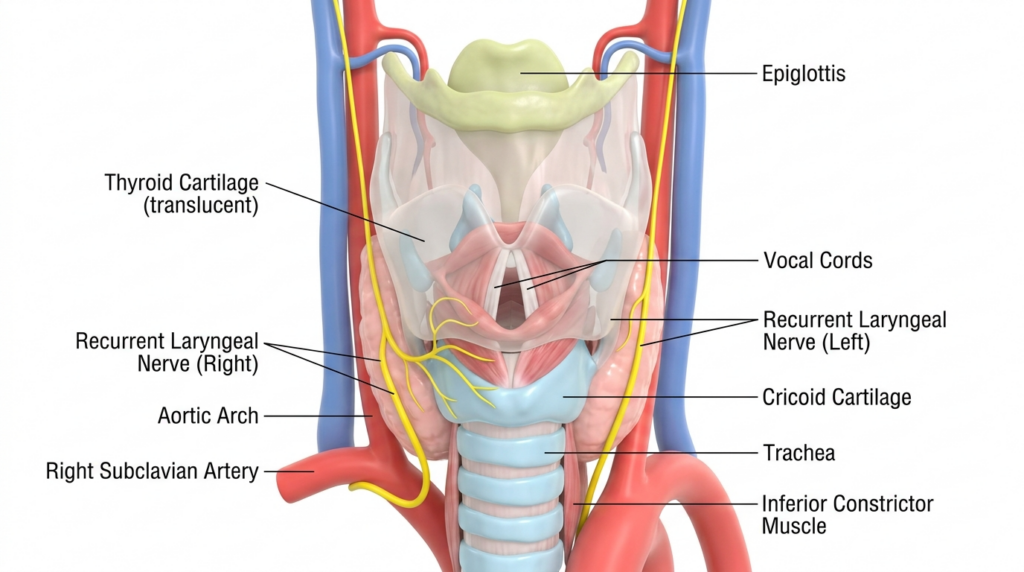 İnsan gırtlak anatomisinin yüksek çözünürlüklü, 3 boyutlu tıbbi bir illüstrasyonu. Kompozisyon, 100 mm odak uzaklığında üst düzey bir makro lensi andıran klinik hassasiyetle yakalanmış olup, yapıları hiper gerçekçi netlik ve derinlikle sunmaktadır. Aydınlatma steril ve stüdyo kalitesinde olup, tüm anatomik özelliklerde homojen netlik sağlamak için yumuşak, dağınık aydınlatma kullanılarak kıkırdakların hassas dokuları ve sinirlerin ve vasküler sistemin karmaşık yolları etkili bir şekilde vurgulanmıştır. Görüntü, epiglot, ses telleri, tiroid kıkırdağı (saydam bir nitelikle gösterilmiştir), krikoid kıkırdağı ve trakeanın titiz bir şekilde işlenmesini içermektedir. Sinirler canlı sarı renkte sunulurken, arterler ve venler klasik kırmızı ve mavi tonlarla ayırt edilmiştir. Doku yüzeyleri, yapay parlamayı önleyen pürüzsüz, hafif mat bir biyolojik doku sergilemektedir. Kompozisyon, temiz, nötr beyaz bir arka plana mükemmel bir şekilde ortalanmış olup, bilimsel doğruluğu ve pedagojik netliği vurgulayan eğitici, klinik bir atmosfer yaratmaktadır.