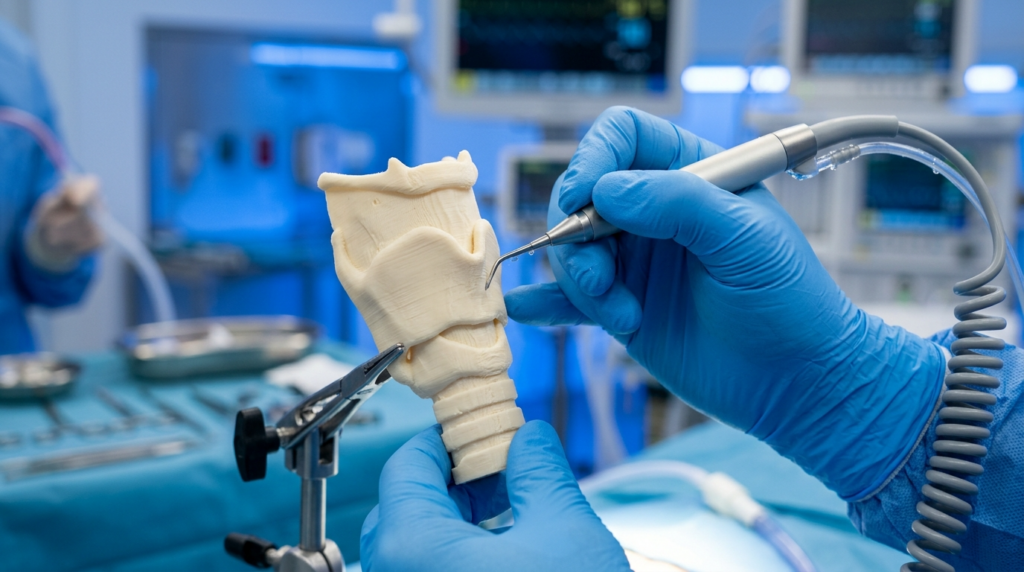 İnsan gırtlağının 3 boyutlu yazıcıyla üretilmiş anatomik modelinde gerçekleştirilen bir cerrahi işlemi gösteren hiper gerçekçi 8K yakın çekim. Makro lensle çekilen kompozisyonda, canlı mavi nitril eldivenli bir çift el öne çıkıyor; bir el, görünür su damlacıklarıyla tıbbi bir sulama el aletini hassas bir şekilde kullanırken, diğer el ise metalik bir cerrahi kıskaçla tutulan dokulu, kirli beyaz gırtlak modelini sabit tutuyor. Aydınlatma, ameliyathanenin parlak, gölgesiz ortamını taklit eden klinik ve soğuk tonlu olup, modelin ince, katmanlı 3 boyutlu baskı dokusunu ve tıbbi ekipmanın sentetik yüzeyini vurguluyor. Sığ alan derinliği, odak dışı cerrahi monitörler ve ekipmanları içeren arka planı yumuşak bir şekilde bulanıklaştırarak, çağdaş bir ameliyathanenin yüksek teknolojili, steril ve profesyonel tıbbi atmosferini pekiştiriyor.