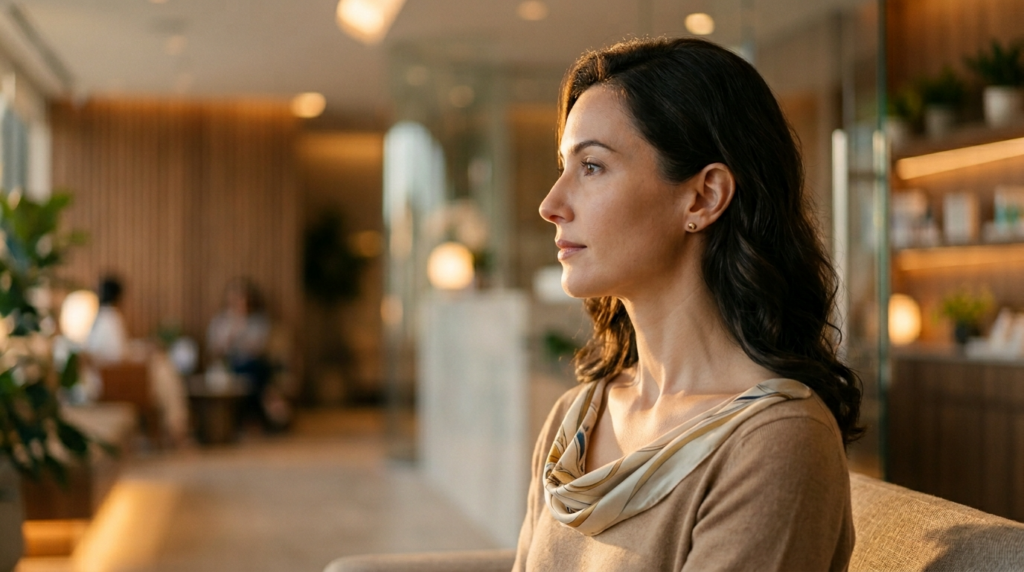 Profesyonel bir editoryal portre, 85 mm sabit odaklı bir lensle çekilmiş olup, öznenin profilini vurgulayan sığ bir alan derinliği sunmaktadır. Görüntü kalitesi hiper gerçekçi ve 8K olup, cilt dokularını gerçeğe yakın bir hassasiyetle işlemektedir. Altın saatteki yan ışık, kadının boynunun ve çene hattının zarif hatlarını vurgularken arka planı yumuşak, atmosferik bir bulanıklıkta bırakarak dramatik bir kontrast yaratmaktadır. Zarif yüz hatlarına ve koyu dalgalı saçlara sahip olan kadın, ipek karışımlı bir fularla entegre edilmiş sofistike bir bej tonlu kazak giyerek sessiz bir lüks havası yaymaktadır. Arka plan, yumuşak ortam ışığı, temiz çizgiler ve bulanık figürlerle karakterize edilen, kompozisyonun profesyonel ve sakin havasını güçlendiren sıcak, modern, üst düzey bir iç mekandır; muhtemelen bir sağlık veya klinik alanıdır. Aydınlatma, cildinin ince ışıltısını vurgulayarak doğal ve zarif bir parıltı yaratmaktadır.