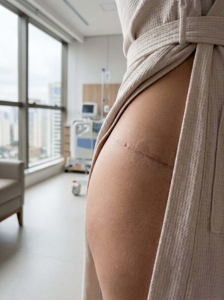 Профессиональная, гиперреалистичная медицинская фотография крупным планом, снятая с помощью макрообъектива 100 мм, фокусирующаяся на профиле женского бедра в стерильной послеоперационной палате. Изображение обработано в разрешении 8K, демонстрируя клиническую, но в то же время эстетичную композицию. Мягкий, рассеянный естественный свет из окна от пола до потолка льется слева, создавая тонкие градиенты, которые подчеркивают гладкую, здоровую текстуру кожи. Место хирургического разреза точно центрировано, демонстрируя чистый процесс заживления с помощью незаметной прозрачной пластырной повязки, подчеркивающей историю выздоровления и ухода. Модель одета в высококачественный бежевый хлопковый халат с вафельной текстурой, который элегантно драпируется, создавая мягкий контраст с клинической обстановкой. На заднем плане малая глубина резкости мягко размывает больничное оборудование и вид города, поддерживая профессиональную, спокойную и обнадеживающую атмосферу. Фокус резко сфокусирован на анатомических контурах, запечатлевая естественное свечение и влажность кожи с клинической точностью.