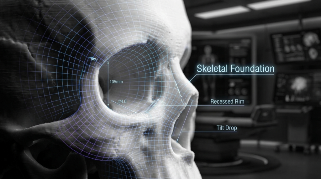 Un'immagine editoriale iperrealistica ad alta risoluzione di un modello anatomico di cranio umano, ambientata in un futuristico laboratorio clinico. L'immagine presenta una struttura a reticolo digitale sovrapposta al cranio, che ne enfatizza la geometria strutturale con annotazioni tecniche come "Base scheletrica", "Bordo incassato" e "Inclinazione". Scattata con una messa a fuoco in stile macro, la composizione utilizza una ridotta profondità di campo, evidenziando la precisione della trama ossea del cranio su uno sfondo industriale scuro e sfocato di monitor luminosi. L'illuminazione è nitida e clinica, proiettando ombre intense che accentuano la cresta orbitale e la cavità nasale, fondendo la forma biologica con la diagnostica tecnologica avanzata. L'estetica è fredda, elegante e scientifica, e richiama un portfolio professionale di alto livello nel campo dell'imaging medico o forense.