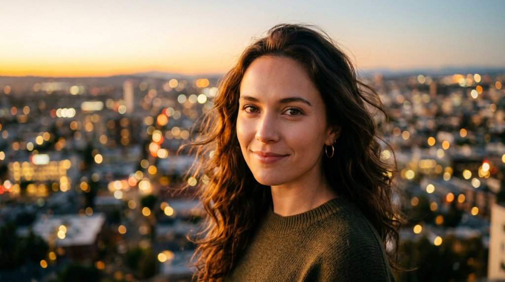 A hyper-realistic, 8K editorial portrait captured with an 85mm prime lens, focusing on a woman with natural, flowing brunette hair and a gentle, confident smile. The lighting is soft and warm, characteristic of golden hour, casting a flattering glow on her skin and highlighting her features with a subtle luminescence. She is wearing a textured olive-green knit sweater, providing a tactile contrast to the background. The composition features a shallow depth of field, rendering the sprawling city lights behind her into a vibrant, artistic bokeh of warm amber and cool blue tones, creating an atmospheric, lensed-in cityscape setting. The image exudes a serene, sophisticated, and polished aesthetic.