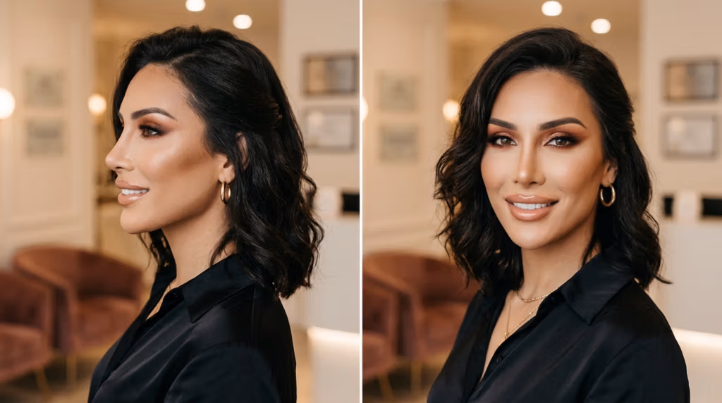 Un retrato profesional de una mujer elegante, capturado en una impresionante resolución hiperrealista de 8K con un objetivo fijo de 85 mm para una compresión facial favorecedora. La iluminación está meticulosamente diseñada, empleando una luz suave y direccional de calidad de estudio que acentúa su refinada estructura facial, sus pómulos definidos y su mandíbula esculpida. Su tez es impecable, con un acabado luminoso y radiante y una sutil luminosidad natural que capta la luz maravillosamente. Viste una sofisticada blusa negra de satén brillante de primera calidad, complementada con discretas joyas de oro, incluyendo delicados pendientes de aro. Su cabello oscuro y ondulado enmarca su rostro, complementando su expresión serena y segura. La composición es limpia y editorial, ambientada en un interior profesional de tonos neutros y ligeramente desenfocado que emana una estética moderna, lujosa y tranquila.