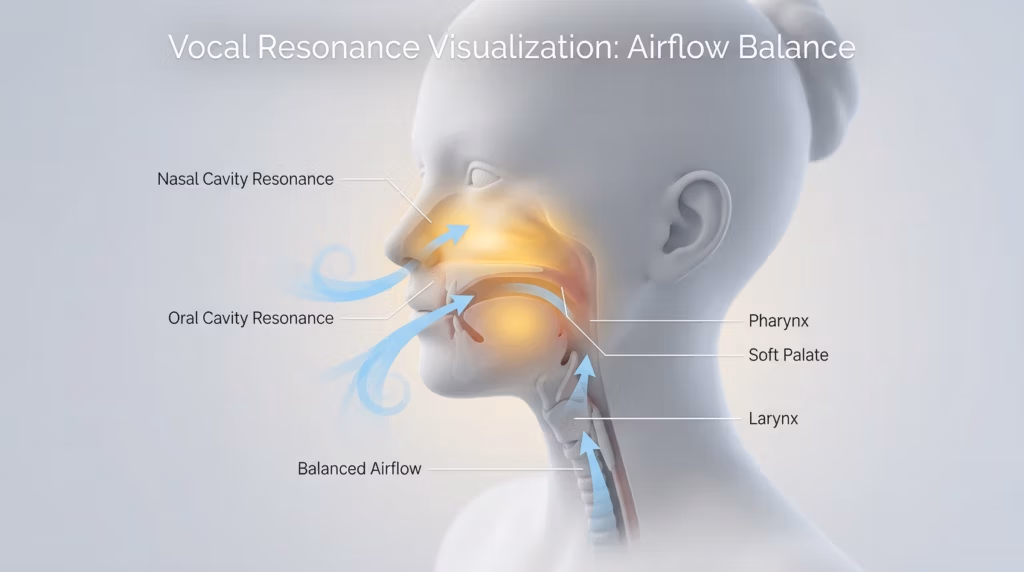 Visualización médica 3D estéril de alta resolución titulada 'Visualización de la resonancia vocal: equilibrio del flujo de aire'. La imagen muestra una cabeza y cuello humanos estilizados, de perfil y en tonos neutros, con una estética limpia y clínica. Una iluminación ambiental suave y difusa resalta los contornos anatómicos del rostro, el cuello y los hombros. La anatomía interna del tracto vocal se ilumina con un cálido resplandor dorado que emana de las cavidades nasales y orales, representando la resonancia. Flechas azules estilizadas y fluidas ilustran el recorrido del flujo de aire desde la laringe, a través de la faringe, y su ramificación en las cavidades nasales y orales, demostrando la mecánica de la fonación equilibrada. El fondo es un blanco degradado limpio, que mantiene una atmósfera profesional, educativa y minimalista. Nota: Esta imagen es una representación científica para la educación médica, no una editorial de moda; por lo tanto, los descriptores técnicos relacionados con la fotografía de moda, como 'luz dura', 'ter damlaları' o 'lateks', no son aplicables.
