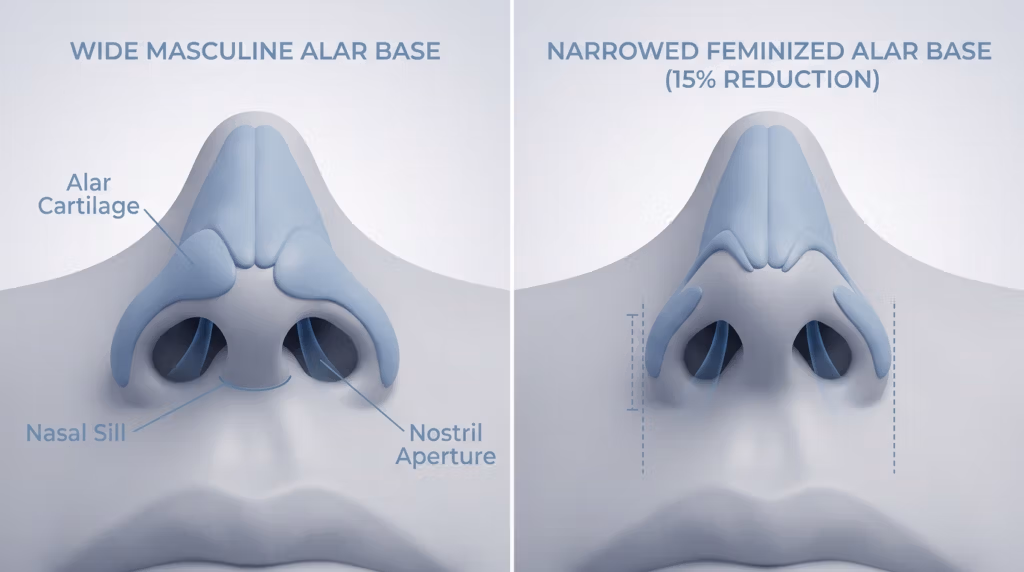 Infografía médica de alta resolución 8K que presenta un estudio anatómico comparativo de las estructuras nasales. La imagen utiliza una estética limpia y clínica con iluminación de estudio suave y difusa que enfatiza las formas modeladas en 3D de la nariz humana. La composición es una pantalla dividida sobre un fondo degradado gris claro y estéril, que ilustra una "Base alar ancha y masculina" a la izquierda y una "Base alar estrecha y feminizada" a la derecha, esta última mostrando una reducción de 15%. El estilo es hiperrealista, utilizando una perspectiva macro similar a la de una lente óptica de alta gama de 100 mm, lo que proporciona una claridad extrema en las estructuras cartilaginosas de tonalidad azulada. Los puntos de referencia anatómicos como el cartílago alar, el umbral nasal y la abertura de la fosa nasal están claramente etiquetados con tipografía fina y precisa. La representación presenta texturas suaves y no porosas y sombreado suave para resaltar los sutiles cambios arquitectónicos en la anatomía nasal, transmitiendo una calidad médico-editorial profesional.
