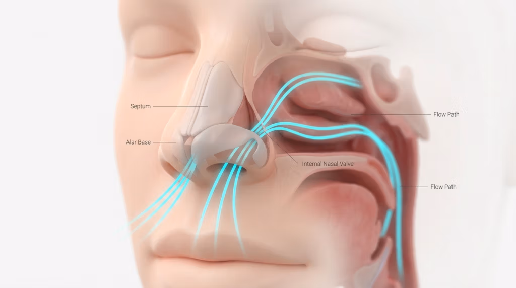 Visualización médica 3D hiperrealista, renderizada en resolución 8K, que ilustra la anatomía nasal humana. La imagen presenta una estética clínica y sobria, con una iluminación de estudio suave y difusa que resalta las texturas lisas y translúcidas de los modelos anatómicos. Capturada con una perspectiva macro, la imagen se centra en la cavidad nasal, mostrando un perfil facial humano estilizado. Estructuras clave como el tabique nasal, la base alar y la válvula nasal interna están etiquetadas con precisión. Líneas cian bioluminiscentes trazan elegantemente el recorrido del aire a través de la nariz y la garganta, contrastando con la piel y las texturas mucosas suaves y mates. La composición, de gran calidad, profesional y didáctica, se sitúa sobre un fondo minimalista, luminoso e impecable, que evoca una sensación de claridad médica moderna y precisión anatómica avanzada.