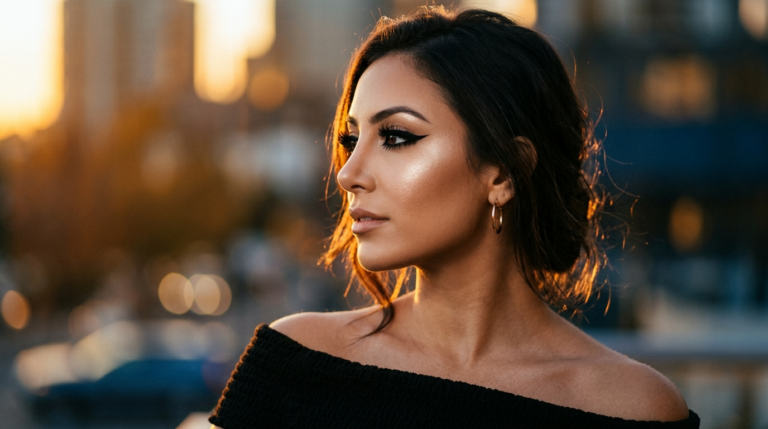 Гиперреалистичный 8K-портрет, снятый с помощью объектива 85 мм, фокусируется на женщине с утонченными чертами лица. Боковой профиль освещен драматичным теплым светом заходящего солнца, создавая четкий контур и сияющий блик вдоль скул и линии челюсти. Ее кожа демонстрирует безупречную, сияющую текстуру с тонким, росистым свечением, отражающим свет. На ней черное фактурное платье с открытыми плечами, контрастирующее с мягким, размытым городским фоном. Небольшие золотые серьги-кольца добавляют изысканности. Общая атмосфера роскошная и кинематографичная, подчеркивающая элегантную, сдержанную осанку и тщательное нанесение макияжа.