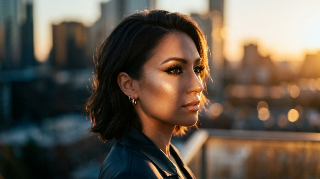 A hyper-realistic, 8k editorial portrait captured with an 85mm prime lens, focusing on a woman with a sharp, poised profile. The lighting is cinematic, utilizing dramatic golden-hour backlighting that casts a warm, soft rim light along her silhouette and emphasizes her features. Her skin, rendered with intricate detail, displays a subtle, healthy glow and natural texture under the diffuse light. She wears a structured garment made of a smooth, matte-black material, suggesting high-end leather or fine synthetic fabric. The composition places her in the foreground, looking off-camera with a contemplative expression, while the background features a soft, blurred urban cityscape at sunset, creating a sophisticated, luxury atmosphere. Her makeup is refined, with defined winged eyeliner and groomed brows that complement her poised, statuesque stance.