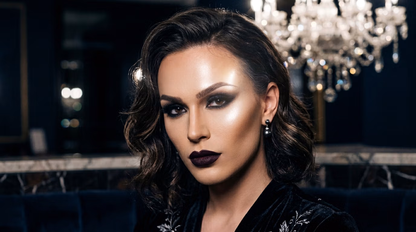 Capturée avec un objectif portrait de 85 mm, cette photo éditoriale hyperréaliste en 8K met en scène une femme à l'allure affirmée et assurée. L'éclairage, magistralement maîtrisé grâce à une technique de contre-jour dramatique, sculpte les traits fins de son visage, mettant en valeur ses pommettes saillantes et sa mâchoire définie. Sa peau, au grain parfait et lumineux, est sublimée par un contouring expert et de subtils reflets éclatants. Elle porte une luxueuse robe de velours noir ornée de broderies métalliques chatoyantes. La composition se concentre sur son regard perçant et ses lèvres d'un prune profond et mat, sur un fond sombre et mystérieux, flouté par un lustre en cristal à l'effet doux, évoquant une ambiance noire sophistiquée et raffinée.