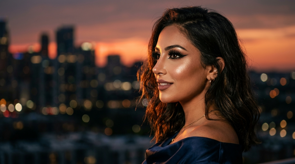 A hyper-realistic 8k editorial portrait captured with an 85mm prime lens, showcasing a woman in profile against a stunning sunset cityscape backdrop. The lighting is cinematic and warm, utilizing a dramatic rim light that highlights her facial features and contours, creating a soft glow on her skin. Her complexion is flawless, reflecting a subtle, natural luminescence, while her makeup features a sharp, bold winged eyeliner and a muted mauve lip. She is wearing an elegant, deep navy blue silk-like garment that gracefully drapes off the shoulder, accessorized with a delicate gold necklace. The shallow depth of field creates a beautiful bokeh effect on the blurred city skyline, establishing a sophisticated and luxurious metropolitan atmosphere.