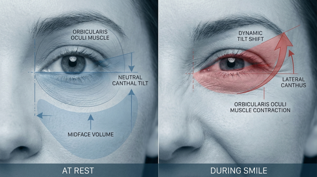 Un'infografica clinica ad alta risoluzione, disposta su uno schermo diviso, che confronta l'anatomia facciale a riposo e durante un sorriso. L'immagine utilizza uno stile macro-ottico, con una nitidezza iperrealistica in 8K per enfatizzare i micro-dettagli. L'illuminazione è diffusa, di qualità professionale, studiata per mettere in risalto le sottili texture della pelle, le rughe sottili e la profondità strutturale della regione orbitale. I soggetti sono femminili e l'attenzione è focalizzata sulla zona perioculare. A sinistra, "A riposo" evidenzia il muscolo orbicolare dell'occhio, l'inclinazione neutra del canto oculare e il volume del terzo medio del viso utilizzando sovrapposizioni blu semitrasparenti dai toni freddi. A destra, "Durante il sorriso" mostra la variazione dinamica dell'inclinazione e la contrazione muscolare utilizzando sovrapposizioni rosse calde e traslucide con frecce vettoriali che indicano il movimento verso il canto laterale. La composizione è sterile e didattica, con diagrammi anatomici precisi sovrapposti a fotografie ad alta definizione per illustrare l'interazione tra i tessuti molli, la contrazione muscolare sottostante e le dinamiche dell'espressione facciale. Lo sfondo è costituito da una sfumatura neutra e pulita che mantiene l'attenzione sull'analisi dermatologica e muscolare.