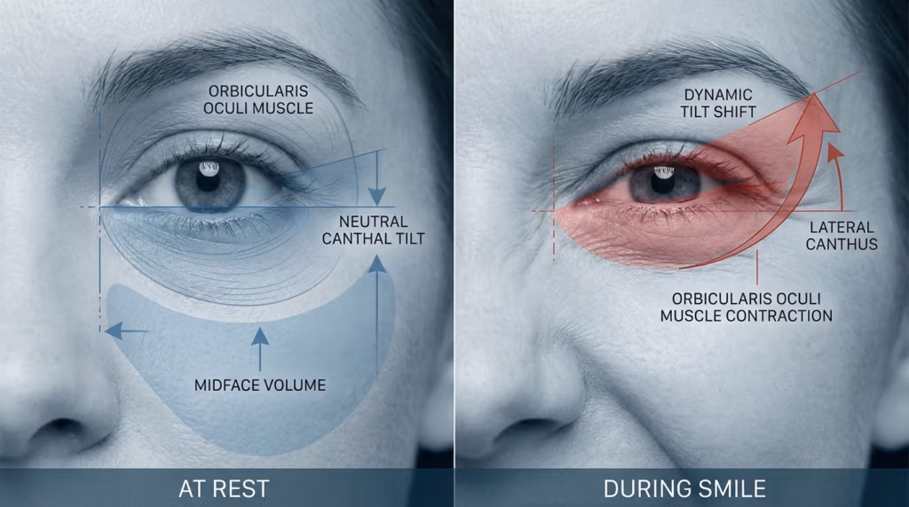 Infographie clinique haute résolution en écran partagé comparant l'anatomie du visage au repos et lors d'un sourire. L'image utilise un style macro-optique, rendu avec une clarté hyperréaliste de 8K pour souligner les micro-détails. L'éclairage diffus, de qualité studio, est conçu pour illuminer les subtiles textures de la peau, les ridules et la profondeur de la région orbitaire. Les sujets sont des femmes, l'accent étant mis sur la zone périoculaire. À gauche, l'image ' Au repos ' met en évidence le muscle orbiculaire de l'œil, l'inclinaison canthale neutre et le volume médio-facial grâce à des superpositions bleues semi-transparentes aux tons froids. À droite, l'image ' Lors d'un sourire ' illustre l'inclinaison-décalage dynamique et la contraction musculaire grâce à des superpositions rouges chaudes et translucides, avec des flèches vectorielles indiquant le mouvement vers le canthus externe. La composition, à la fois épurée et didactique, présente des schémas anatomiques précis superposés à des photographies haute définition afin d'illustrer l'interaction entre les tissus mous, la contraction musculaire sous-jacente et la dynamique des expressions faciales. Le fond, un dégradé neutre et sobre, met en valeur l'analyse dermatologique et musculaire.