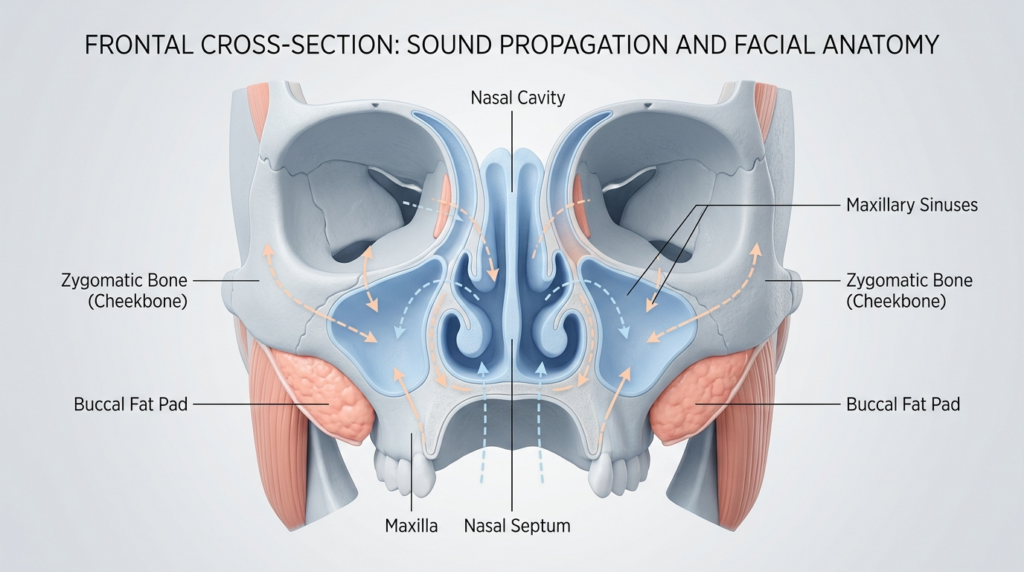A professional, high-resolution 3D medical illustration featuring a frontal cross-section of human facial anatomy. The image uses a clean, neutral background and soft, diffused clinical lighting to highlight skeletal structures such as the maxilla, zygomatic bones, and nasal cavity. Anatomical components, including the buccal fat pads and maxillary sinuses, are rendered with precise, smooth textures and subtle color-coding to emphasize depth and structure. Dashed arrows indicate the pathways of sound propagation, creating a clear, educational, and highly detailed visual representation suitable for medical or scientific documentation.