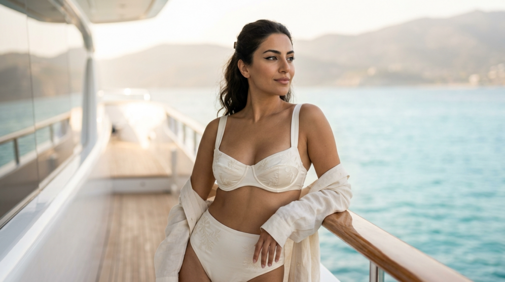 A hyper-realistic 8K editorial portrait captured with an 85mm prime lens, focusing on a woman standing on the deck of a luxury yacht. The soft, golden hour natural light hits from the side, delicately sculpting her features and highlighting her radiant, sun-kissed skin texture with a subtle, healthy luminescence. She exudes refined elegance, posing with a graceful, relaxed stance that emphasizes her natural physique. She wears a high-waisted, cream-colored embroidered bikini set paired with a matching linen shirt draped effortlessly over her shoulders. The material has a soft, premium matte finish. The composition utilizes a shallow depth of field, blurring the background of the calm turquoise sea and distant coastal mountains, creating a sophisticated, high-end nautical atmosphere.