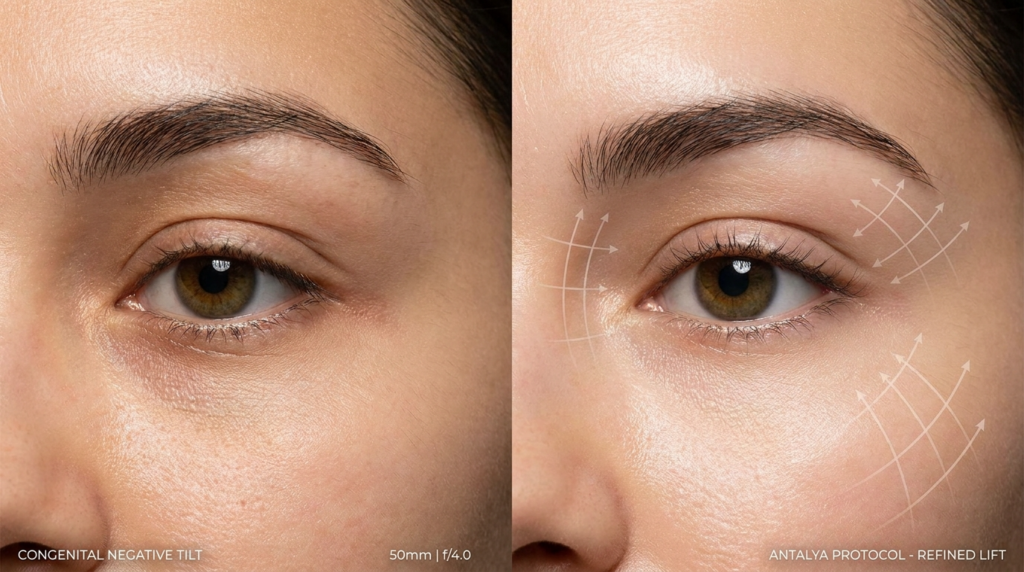 Un confronto fotografico medico affiancato, realizzato con un obiettivo macro da 100 mm ad alta fedeltà, che cattura dettagli dermatologici iperrealistici. L'illuminazione è clinica ma morbida, studiata per eliminare le ombre nette ed enfatizzare la texture della pelle e l'anatomia orbitale. La composizione presenta un layout a schermo diviso: il lato sinistro mostra un occhio naturale con una "inclinazione negativa congenita", mentre il lato destro illustra il "Protocollo Antalya - Lifting Raffinato" con frecce schematiche vettoriali sovrapposte che illustrano l'effetto lifting vettoriale. La messa a fuoco è nitidissima, mettendo in risalto la struttura dei pori, la naturale luminosità della pelle e il sottile affinamento della regione del canto laterale senza eccessiva elaborazione. L'estetica complessiva è pulita, sofisticata e professionale, caratteristica della fotografia clinica cosmetica di alta gamma.