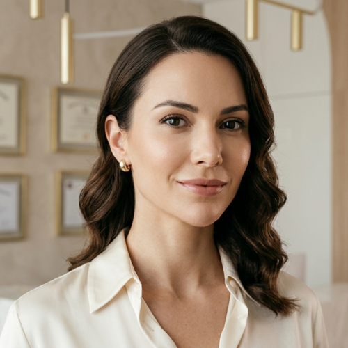 85 mm portre lensiyle sığ alan derinliği elde edilerek çekilmiş, hiper gerçekçi, 8K çözünürlükte, sofistike bir kadının editoryal portresi. Aydınlatma yumuşak ve hoş, elmacık kemiklerinde hafif vurgular ve sert gölgeler olmadan pürüzsüz cilt dokusu yaratmak için profesyonel stüdyo kalitesinde difüzyon kullanılmıştır. Konu, rafine yüz simetrisini sergileyen sakin ve kendinden emin bir ifadeyle poz veriyor. Cildi kusursuz ve doğal olarak ışıldıyor, ortam ışığını ince bir netlikle yansıtıyor. Zarif bir şekilde dökümlü, yüksek kaliteli, krem rengi ipek düğmeli bir gömlek giyiyor. Arka plan, açık renk ahşap dokuları ve duvarda çerçevelenmiş sertifikalar içeren, profesyonelce düzenlenmiş, minimalist tıbbi-estetik bir iç mekan olup, klinik lüks ve sessiz profesyonel otorite atmosferi yaratıyor. Kompozisyon temiz, merkezlenmiş ve dengeli olup, cilalı ve otoriter bir estetiği vurguluyor.