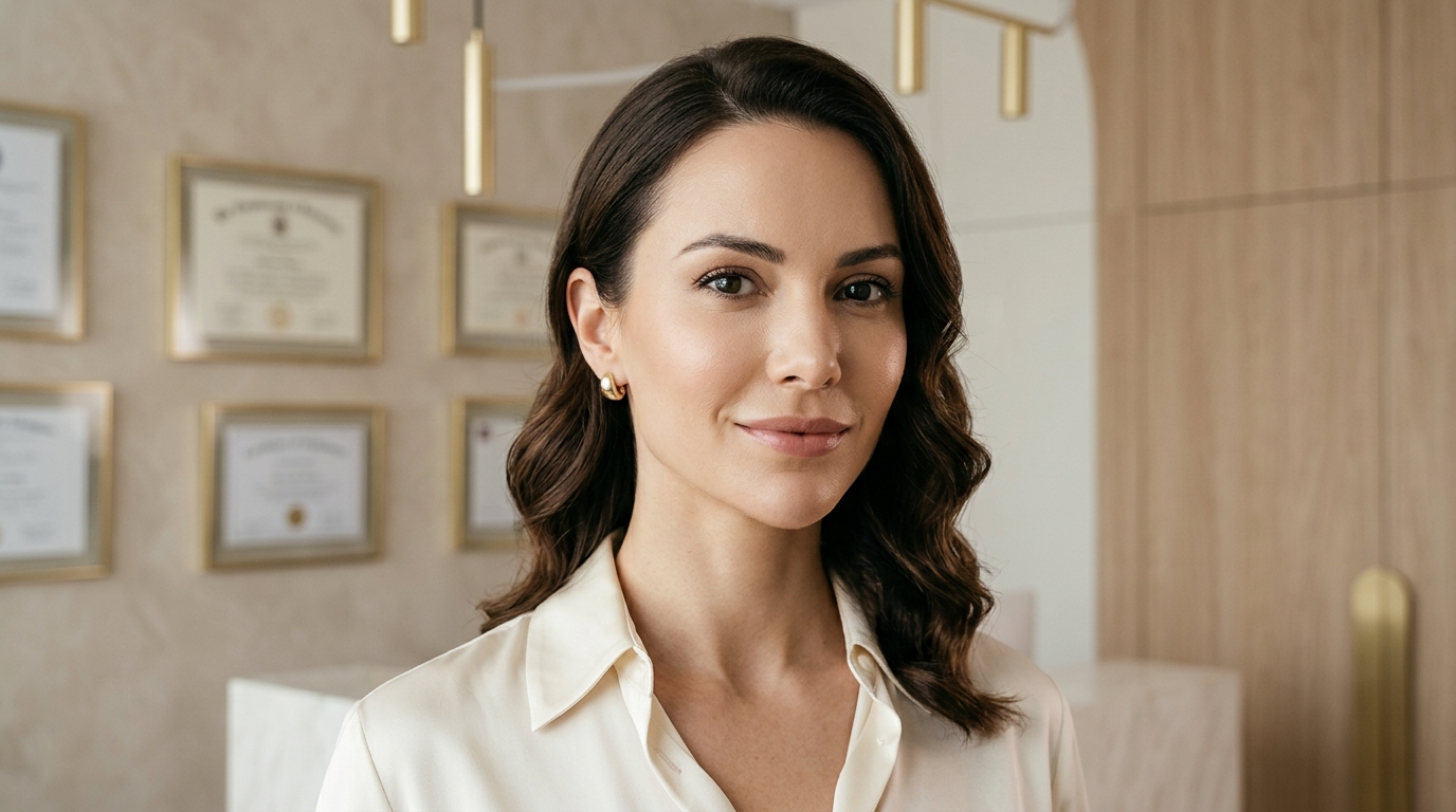 A hyper-realistic, 8k editorial portrait of a sophisticated woman, captured with an 85mm portrait lens to achieve a shallow depth of field. The lighting is soft and flattering, utilizing professional studio-grade diffusion to create gentle highlights on her cheekbones and smooth skin texture without harsh shadows. The subject is posed with a serene, confident expression, showcasing refined facial symmetry. Her skin appears flawless and naturally luminous, reflecting the ambient light with subtle clarity. She is wearing a high-quality, cream-colored silk button-down shirt that drapes elegantly. The background is a professionally curated, minimalist medical-aesthetic interior, featuring light wood textures and framed certifications on the wall, creating an atmosphere of clinical luxury and quiet professional authority. The composition is clean, centered, and balanced, emphasizing a polished and authoritative aesthetic.