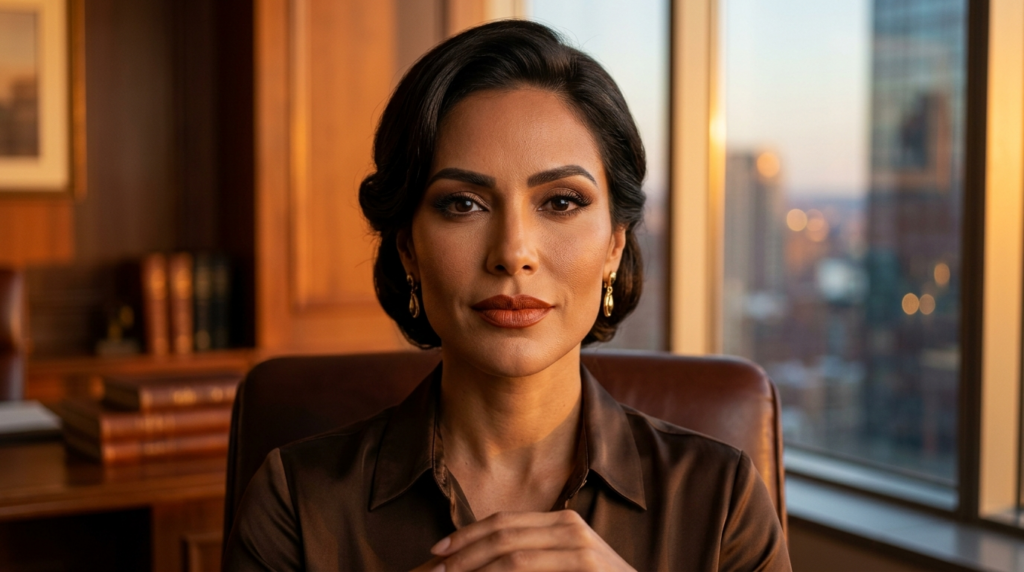 Un portrait professionnel hyperréaliste en 8K d'une femme dans un cadre professionnel haut de gamme, capturé avec un objectif fixe de 85 mm qui accentue la profondeur et la netteté. L'éclairage est magistralement orchestré, avec une douce lumière latérale dorée qui définit les traits élégants du sujet, accentuant ses pommettes saillantes et son allure assurée. La femme, à la présence raffinée et sculpturale, est assise dans un fauteuil en cuir foncé, vêtue d'un chemisier en soie ou en satin de haute qualité, d'une riche teinte moka. Le grain de sa peau est impeccable, rendu avec une luminescence naturelle et subtile qui capte la lumière ambiante de la fenêtre. L'arrière-plan présente un intérieur de bureau sophistiqué et flouté, avec des boiseries aux tons chauds et une vue sur la ville au coucher du soleil, créant une atmosphère luxueuse et sereine. Chaque détail, de la micro-texture du tissu au doux bokeh de l'arrière-plan, dégage une qualité cinématographique, digne des plus grands magazines de photographie.
