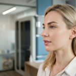 A professional, hyper-realistic 8k headshot of a woman captured with an 85mm portrait lens, showcasing a shallow depth of field that keeps the focus sharp on her refined facial features. The soft, diffuse ambient light emanates from a side angle, gently highlighting the contours of her jawline and nose bridge, accentuating a serene and poised demeanor. Her complexion is flawless, exhibiting a natural, healthy luminosity with subtle, lifelike skin texture. She is dressed in a crisp, high-quality white blouse with delicate stitching detail, conveying a clean and modern aesthetic. The background is a softly blurred, sophisticated medical or professional clinical environment, enhancing the overall professional and editorial feel of the composition.