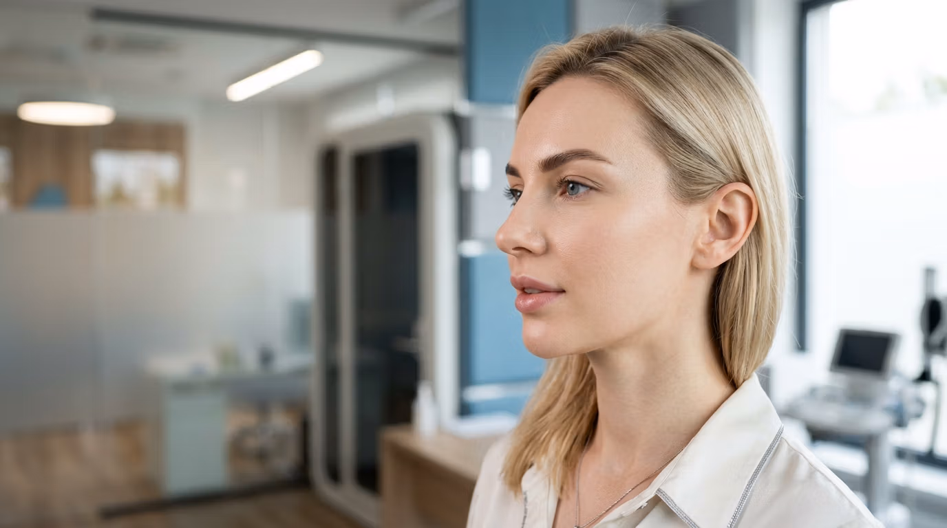 Un portrait professionnel hyperréaliste en 8K d'une femme, réalisé avec un objectif 85 mm. La faible profondeur de champ met en valeur la finesse de ses traits. La lumière ambiante douce et diffuse, provenant d'un angle latéral, souligne délicatement les contours de sa mâchoire et de son nez, accentuant son allure sereine et assurée. Son teint est impeccable, d'une luminosité naturelle et saine, avec une texture de peau subtile et réaliste. Elle porte un chemisier blanc impeccable, de haute qualité, aux finitions délicates, qui lui confère une esthétique moderne et épurée. L'arrière-plan, légèrement flou, évoque un environnement médical ou clinique sophistiqué, renforçant l'aspect professionnel et éditorial de la composition.