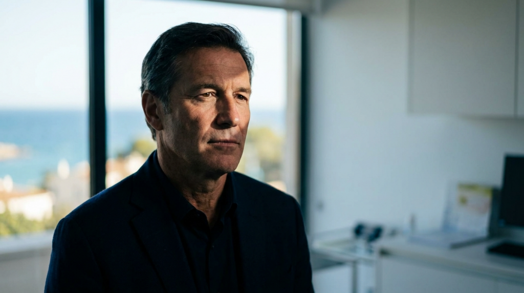 Un ritratto iperrealistico e cinematografico di un uomo maturo, catturato con un obiettivo fisso da 85 mm, che produce una ridotta profondità di campo enfatizzando la sua espressione contemplativa. L'illuminazione, drammatica e direzionale, proietta ombre nette e scultoree sul viso, accentuandone la struttura ossea e i tratti marcati. L'uomo, in una posa composta e dignitosa, indossa un blazer grigio antracite scuro e testurizzato sopra una camicia impeccabile, trasmettendo un senso di lusso discreto e professionale. L'incarnato è reso con estrema fedeltà, catturando la texture naturale della pelle con una sottile luminosità. La composizione è ambientata in un interno moderno e sereno, con vista su un panorama costiero sfocato, dove la luce fredda e diffusa proveniente dalla finestra contrasta con l'illuminazione calda e focalizzata sul soggetto, creando un'atmosfera di sofisticata introspezione.