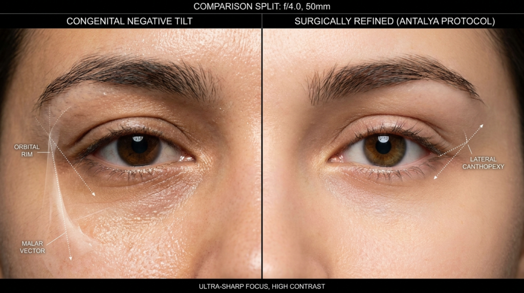 Un ritratto comparativo medico ad alta definizione che illustra i risultati di un intervento di chirurgia oculare. Scattata con un obiettivo da 50 mm, l'immagine è divisa in due metà, ognuna delle quali mostra un primo piano della regione oculare con dettagli estremamente nitidi. L'illuminazione è clinica e uniforme, evidenziando la texture della pelle, la densità dei pori e la naturale luminescenza della superficie cutanea. La parte sinistra, etichettata "CONGENITAL NEGATIVE TILT", mostra le annotazioni "ORBITAL RIM" e "MALAR VECTOR", mentre la parte destra, etichettata "CHIRGICALLY REFINED (ANTALYA PROTOCOL)", evidenzia la "LATERAL CANTHOPESSY". La composizione è essenziale e analitica, con un'estetica ad alto contrasto che enfatizza i risultati chirurgici raffinati, su uno sfondo neutro e professionale. L'immagine è renderizzata con precisione clinica 8k, focalizzandosi sulla struttura anatomica e sulla sottile correzione dei contorni periorbitali.