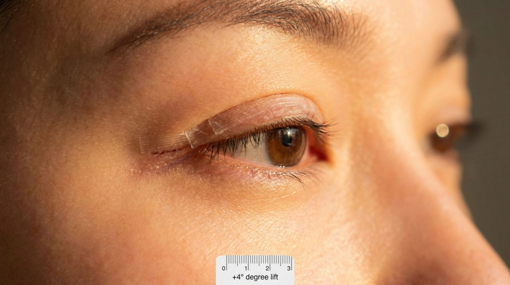 Una fotografia clinica macro iperrealistica in 8K cattura un primo piano estremo di un occhio umano, probabilmente scattata con un obiettivo macro da 100 mm per enfatizzare la precisione medica. L'illuminazione è nitida e direzionale, evidenziando la texture naturale della pelle, i pori sottili e la delicata applicazione di un nastro adesivo per palpebre di grado chirurgico. La messa a fuoco è estremamente precisa sulla piega palpebrale, dove è posizionata la striscia adesiva trasparente per dimostrare un "sollevamento di +4°". La pelle mostra un'autentica luminescenza, riflettendo una luce ambientale morbida e calda, mentre la sclera e l'iride rimangono cristalline. La composizione è clinica ma al contempo editoriale, focalizzata sui dettagli anatomici e sul miglioramento dermatologico/chirurgico, su uno sfondo neutro e sfocato che mantiene l'attenzione interamente sulla trasformazione della palpebra.