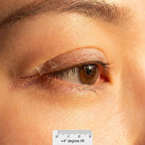 A hyper-realistic, 8k macro clinical photograph captures the extreme close-up of a human eye, likely captured with a 100mm macro lens to emphasize medical precision. The lighting is crisp and directional, highlighting the natural skin texture, fine pores, and the delicate application of a surgical-grade eyelid tape. The focus is razor-sharp on the eyelid crease, where the transparent adhesive strip is placed to demonstrate a '+4° degree lift'. The skin displays authentic luminescence, reflecting soft, warm ambient light, while the sclera and iris remain crystal clear. The composition is clinical yet editorial, focusing on anatomical detail and dermatological/surgical enhancement, set against a neutral, out-of-focus background that keeps the attention entirely on the eyelid transformation.