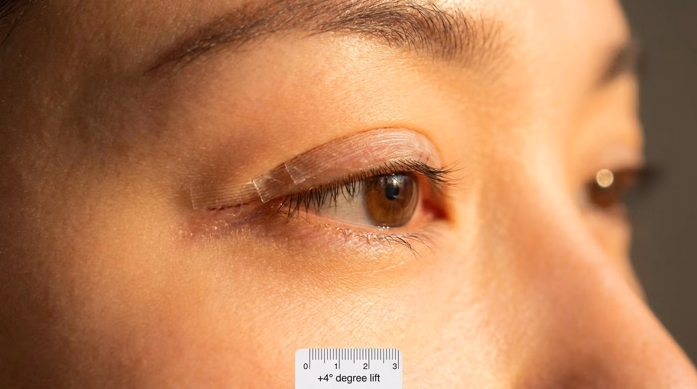 Une photographie clinique macro hyperréaliste en 8K capture un gros plan extrême d'un œil humain, probablement prise avec un objectif macro de 100 mm pour souligner la précision médicale. L'éclairage, net et directionnel, met en valeur la texture naturelle de la peau, les pores fins et l'application délicate d'un ruban adhésif chirurgical pour les paupières. La mise au point est d'une netteté exceptionnelle sur le pli de la paupière, où la bande adhésive transparente est placée pour démontrer un lifting de +4°. La peau affiche une luminescence authentique, reflétant une lumière ambiante douce et chaude, tandis que la sclère et l'iris restent parfaitement transparents. La composition, à la fois clinique et éditoriale, met l'accent sur les détails anatomiques et l'amélioration dermatologique/chirurgicale, sur un fond neutre et flou qui concentre toute l'attention sur la transformation des paupières.