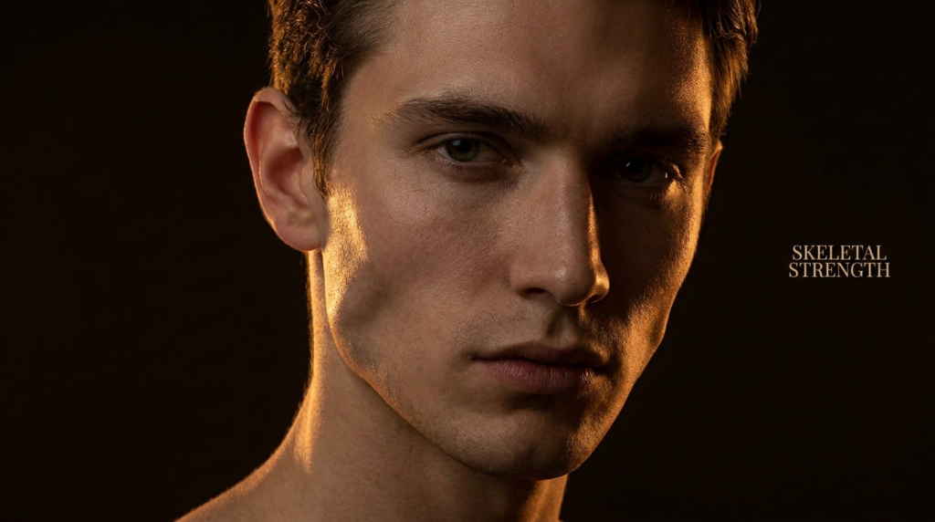 Un ritratto editoriale iperrealistico in 8K di un giovane uomo, scattato con un obiettivo fisso da 85 mm, che si concentra sulla precisione architettonica della sua struttura ossea. L'illuminazione è cinematografica e ad alto contrasto, con una luce laterale nitida e calda che attraversa il viso, proiettando ombre drammatiche ed enfatizzando gli zigomi prominenti e scolpiti, la mandibola definita e l'anatomia facciale strutturata. La sua pelle possiede una sottile e naturale luminescenza, resa con intricati micro-dettagli, tra cui la fine texture della pelle e i pori. Il soggetto emana una presenza stoica e intensa, con lo sguardo fisso nell'obiettivo. Lo sfondo è un profondo vuoto vellutato e sottoesposto in stile noir, che isola il soggetto ed esalta il drammatico gioco di luci e ombre. A destra, il testo "SKELETAL STRENGTH" è elegantemente reso con un raffinato carattere serif, completando l'estetica di eleganza strutturale e raffinata intensità maschile.