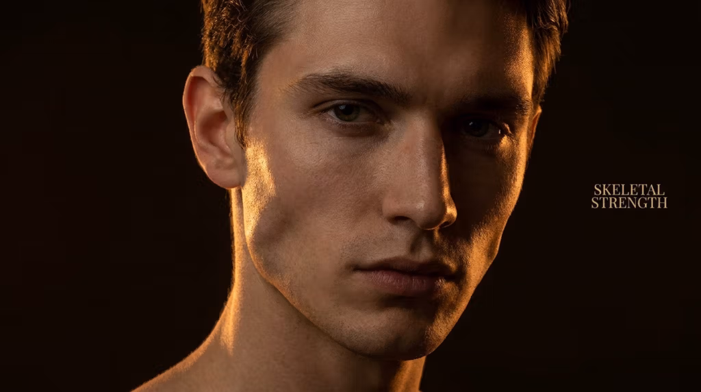 Un portrait éditorial hyperréaliste en 8K d'un jeune homme, capturé avec un objectif fixe de 85 mm, mettant en valeur la précision architecturale de sa structure osseuse. L'éclairage, cinématographique et contrasté, utilise une lumière latérale chaude et intense qui traverse son visage, créant des ombres dramatiques et soulignant ses pommettes saillantes et ciselées, sa mâchoire carrée et l'anatomie faciale structurée. Sa peau possède une luminescence subtile et naturelle, rendue avec des micro-détails complexes, notamment la texture fine et les pores. Le sujet dégage une présence stoïque et intense, fixant l'objectif droit dans les yeux. L'arrière-plan, un noir profond, velouté et sous-exposé, isole le sujet et amplifie le jeu dramatique de la lumière et de l'ombre. À droite, le texte ' SKELETAL STRENGTH ' est élégamment écrit dans une police à empattements raffinée, complétant l'esthétique d'une élégance structurelle et d'une intensité masculine maîtrisée.